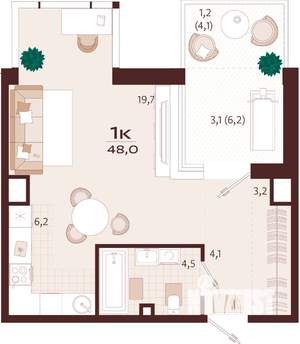 1-к квартира, строящийся дом, 48м2, 7/9 этаж