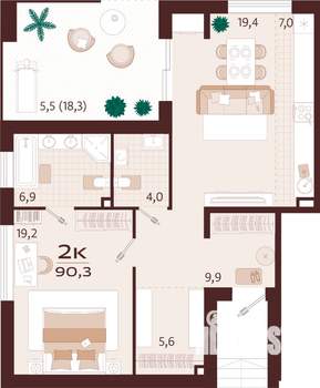 2-к квартира, строящийся дом, 90м2, 1/9 этаж