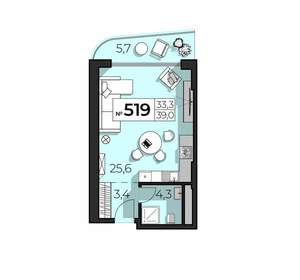 1-к квартира, вторичка, 39м2, 5/6 этаж