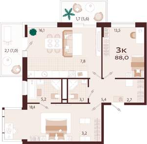 3-к квартира, строящийся дом, 88м2, 9/9 этаж