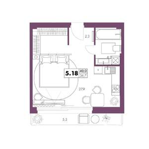 1-к квартира, строящийся дом, 40м2, 5/6 этаж