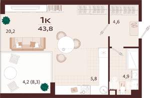 1-к квартира, строящийся дом, 44м2, 2/7 этаж