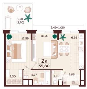2-к квартира, строящийся дом, 56м2, 2/6 этаж