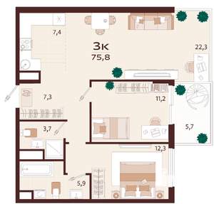3-к квартира, вторичка, 76м2, 8/9 этаж