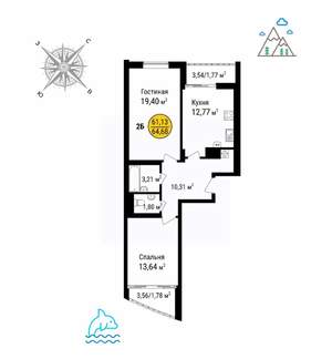 2-к квартира, строящийся дом, 64м2, 1/8 этаж