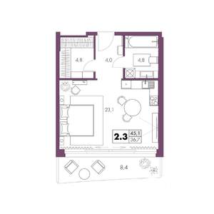 1-к квартира, строящийся дом, 45м2, 2/6 этаж