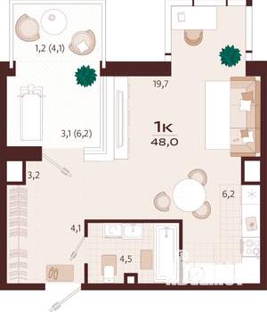 1-к квартира, строящийся дом, 48м2, 4/9 этаж