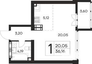 1-к квартира, строящийся дом, 36м2, 13/19 этаж