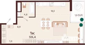 1-к квартира, вторичка, 59м2, 3/9 этаж