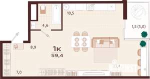 1-к квартира, строящийся дом, 59м2, 3/7 этаж