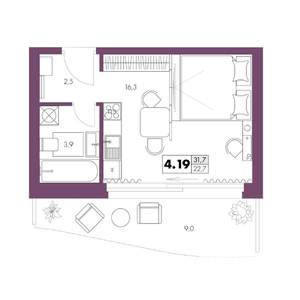 1-к квартира, строящийся дом, 32м2, 4/6 этаж