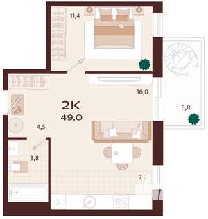 2-к квартира, вторичка, 49м2, 9/9 этаж