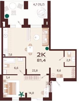 2-к квартира, вторичка, 81м2, 1/9 этаж