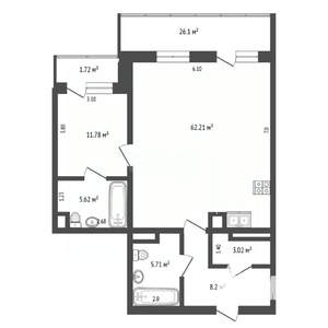 1-к квартира, вторичка, 89м2, 5/9 этаж