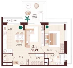 2-к квартира, строящийся дом, 57м2, 3/6 этаж