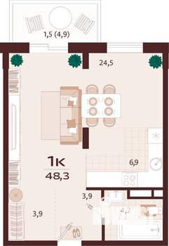 1-к квартира, строящийся дом, 48м2, 6/8 этаж