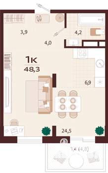 1-к квартира, вторичка, 48м2, 6/9 этаж