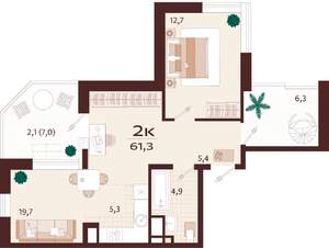 2-к квартира, строящийся дом, 61м2, 2/8 этаж