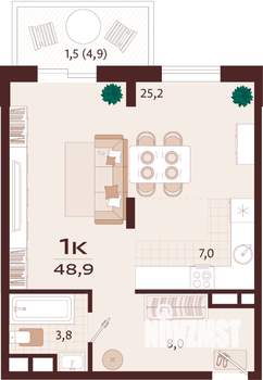 1-к квартира, строящийся дом, 49м2, 8/8 этаж