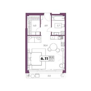 1-к квартира, строящийся дом, 52м2, 6/6 этаж