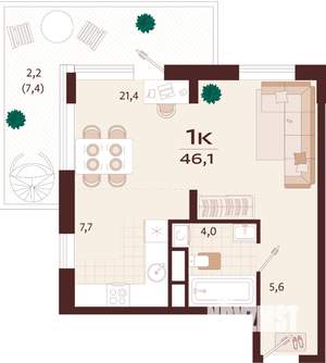 1-к квартира, строящийся дом, 53м2, 2/8 этаж