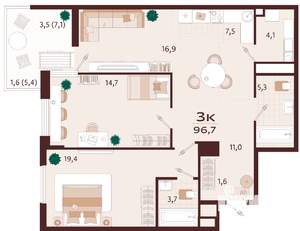 3-к квартира, строящийся дом, 97м2, 5/7 этаж