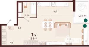 1-к квартира, строящийся дом, 59м2, 7/7 этаж