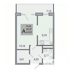 1-к квартира, вторичка, 43м2, 1/9 этаж