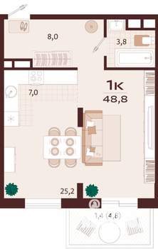 1-к квартира, вторичка, 49м2, 8/9 этаж