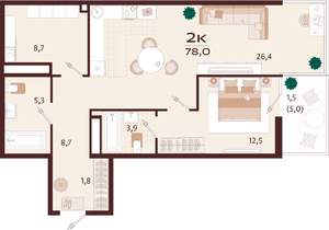 2-к квартира, вторичка, 78м2, 5/7 этаж