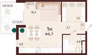 1-к квартира, вторичка, 47м2, 8/9 этаж