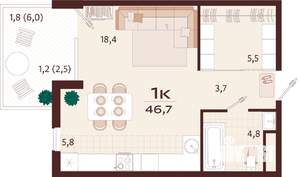 1-к квартира, строящийся дом, 47м2, 6/7 этаж