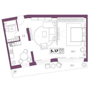 1-к квартира, вторичка, 76м2, 5/6 этаж