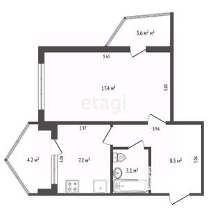 1-к квартира, вторичка, 44м2, 3/9 этаж