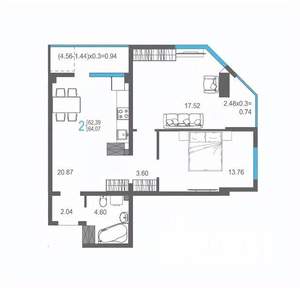 2-к квартира, строящийся дом, 64м2, 13/17 этаж