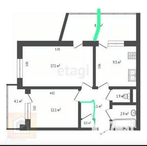 2-к квартира, вторичка, 55м2, 7/9 этаж