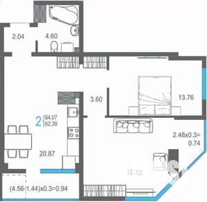 2-к квартира, строящийся дом, 64м2, 14/17 этаж
