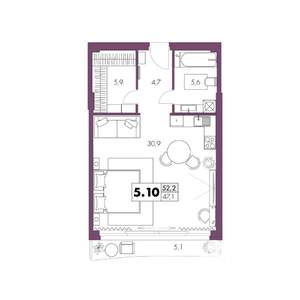 1-к квартира, строящийся дом, 52м2, 5/6 этаж