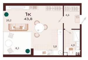 1-к квартира, вторичка, 44м2, 8/9 этаж
