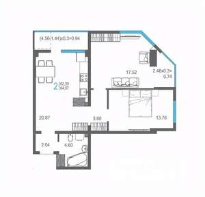 2-к квартира, вторичка, 64м2, 13/17 этаж