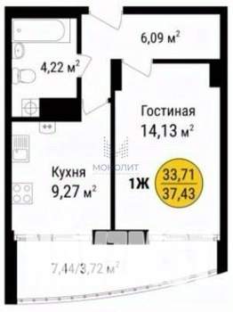 Студия квартира, сданный дом, 34м2, 4/9 этаж