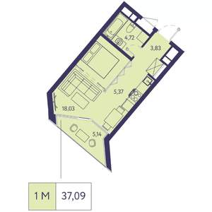 1-к квартира, вторичка, 37м2, 9/20 этаж