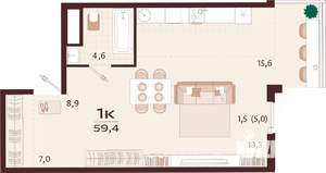 1-к квартира, вторичка, 59м2, 6/7 этаж