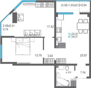 2-к квартира, строящийся дом, 64м2, 13/17 этаж