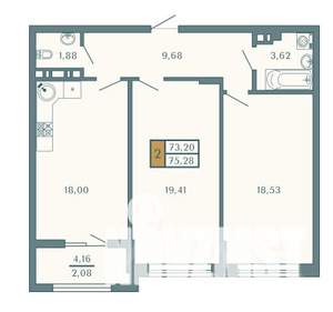 2-к квартира, строящийся дом, 75м2, 6/9 этаж