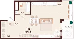 1-к квартира, строящийся дом, 59м2, 2/7 этаж