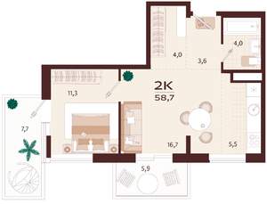 2-к квартира, вторичка, 59м2, 7/9 этаж