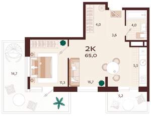 2-к квартира, вторичка, 64м2, 6/9 этаж