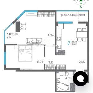 2-к квартира, сданный дом, 63м2, 11/15 этаж