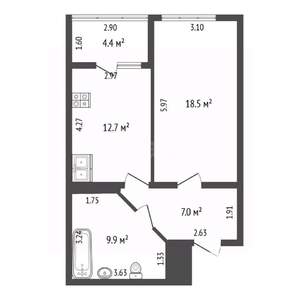 1-к квартира, вторичка, 52м2, 4/16 этаж